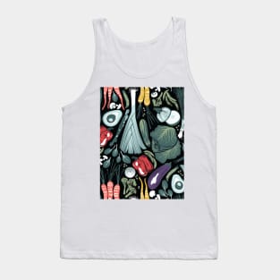 Go veggie // pattern // black background sage green mint goldenrod yellow coral and purple beet vegetables Tank Top